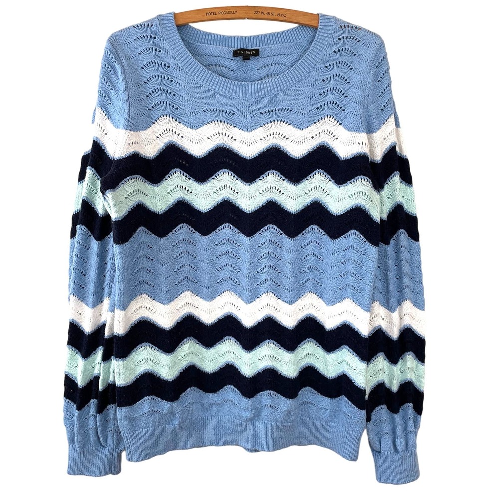 Talbots Women's Sz M Blue Wavy Chevron Striped Blue White Long Sleeve Sweater